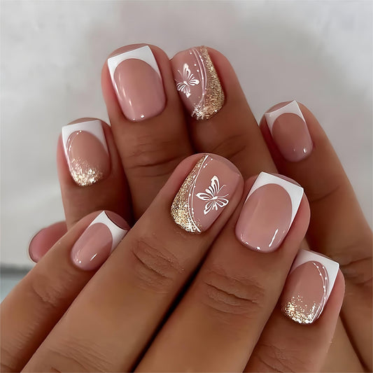 Short Press on Nails Square Fake Nails Pink Nails Press ons French Tip False Nails Glitter Glue on Nail with Butterfly Designs Acrylic Glossy Full Cover Stick on Nail for Women Manicure