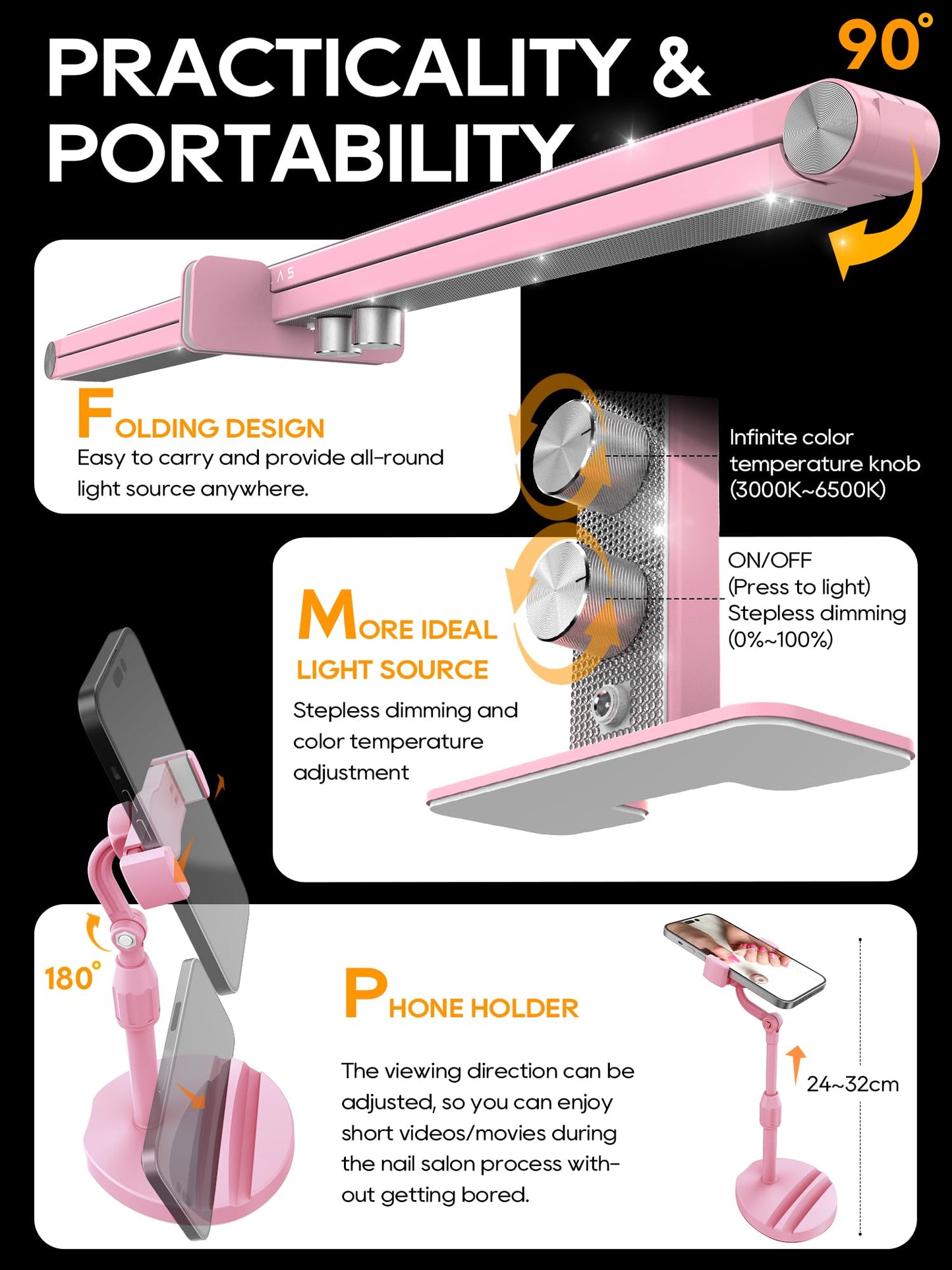 Upgraded Nail Tech Lamp for Desk, 32 in Foldable Large Nail Light with Phone Holder, 3000K-6000K CRI＞95 LED Manicure Lamp, Half Moon Light for Lash Eyelash Extension, Tattoo, Eyebrows-Diamond Pink