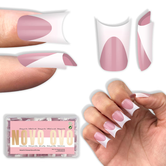 NOVO OVO Duck Nails Short with Moon Curve Light White French Tips BERRY PINK Full Cover for Press on Acrylic, Thick Flare Wide French Soft Gel Fake False Nail Extension x 15 Sizes 240 pcs