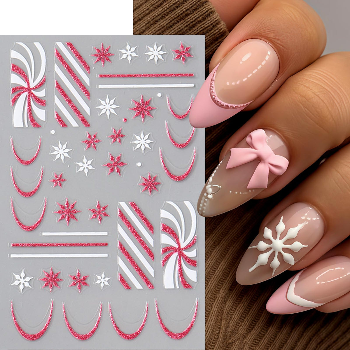 6 Pcs Christmas Nail Art Stickers Decals Pink White Glitter Snowflake Nail Decals with Green Gift Box Bow Green French Line Nail Design Pink Candy Stripe Nail Supplies for DIY Manicure Winter Xmas DIY