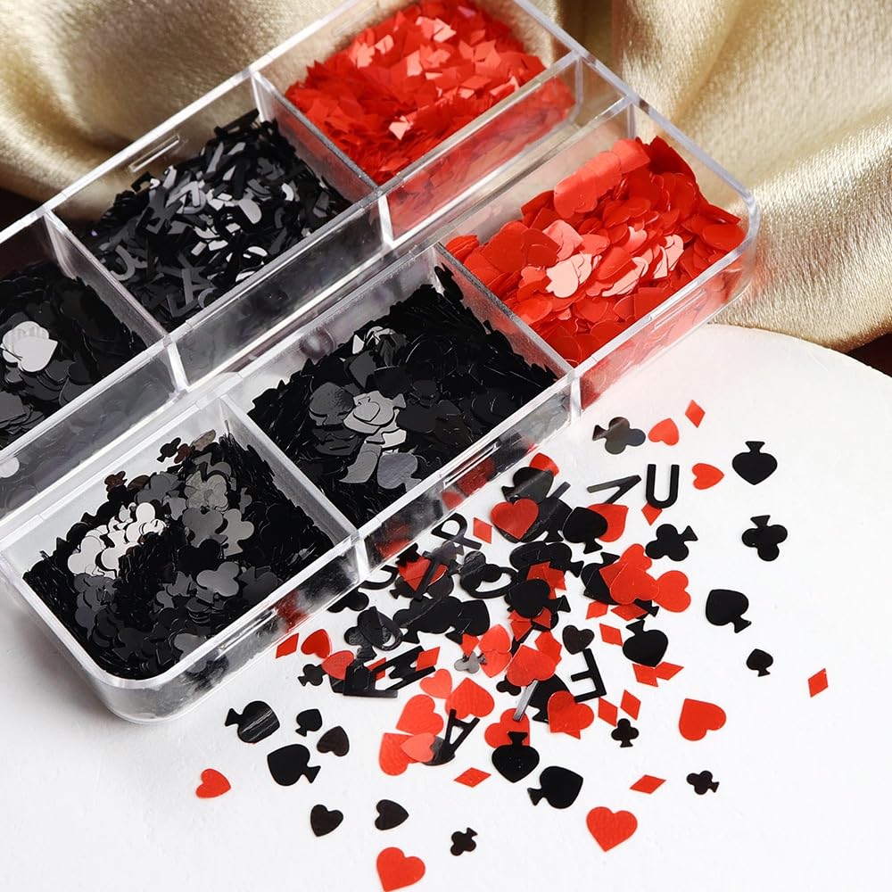 1 Box 2 Color Holographic Poker Nail Glitter Red Black Peach Hearts Nail Sequins 3D Letter Nail Flakes Sparkly Powder Flakes Shiny Nail Glitter Alphabet Nail Sequins Glitter for Nails Art 6 Grids