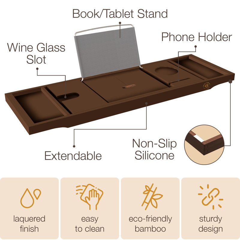 Bambüsi Bathtub Tray for Tub - Brown Bamboo Bath Tray, Expandable Wooden Bath Caddy Tray with Wine Holder, Book and Tablet Stand, Bathroom Accessories, Tub Table, Spa Bath Gifts for Women and Couples