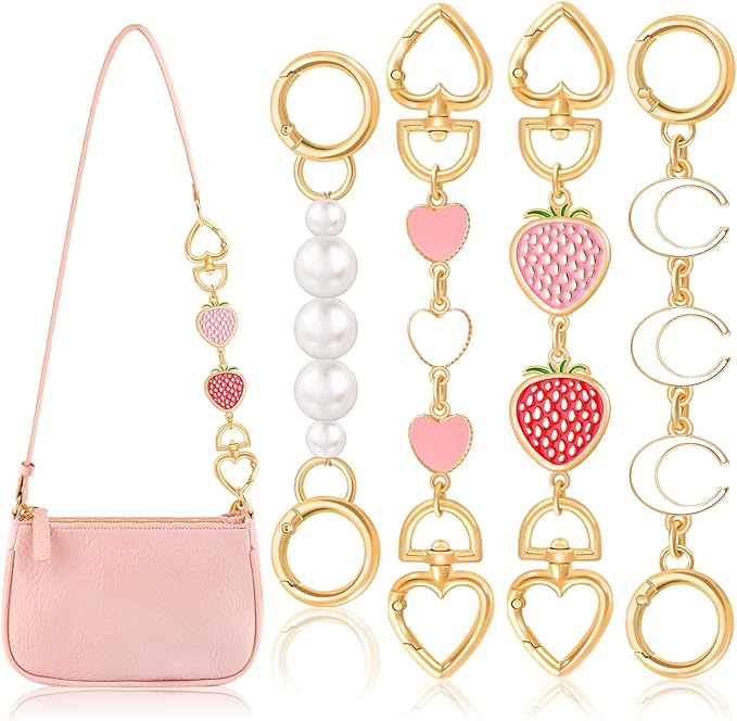 4Pcs Bag Extender Chain (Multishapes and Pearl) Purse Extender Chain Bag Strap Extender for Handbags Shoulder Bag, Metal Gold Chain Replacement White Pink Purse Bag Chain Accessories Mother's Day
