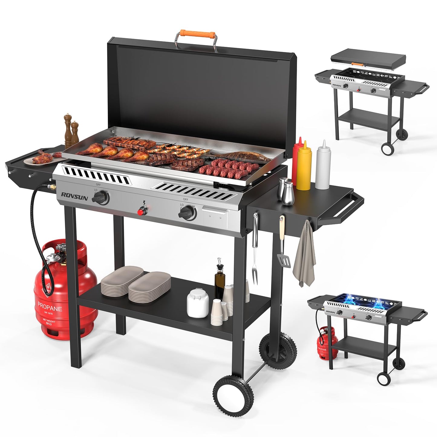 ROVSUN 2-in-1 Propane Stove & 30'' Griddle Combo with Ignition, 2 Burner 150,000 BTU Gas Stove & Grill with Side Shelves, Rolling Wheel & Regulator for Home Outdoor Backyard Camping Cooking Grilling