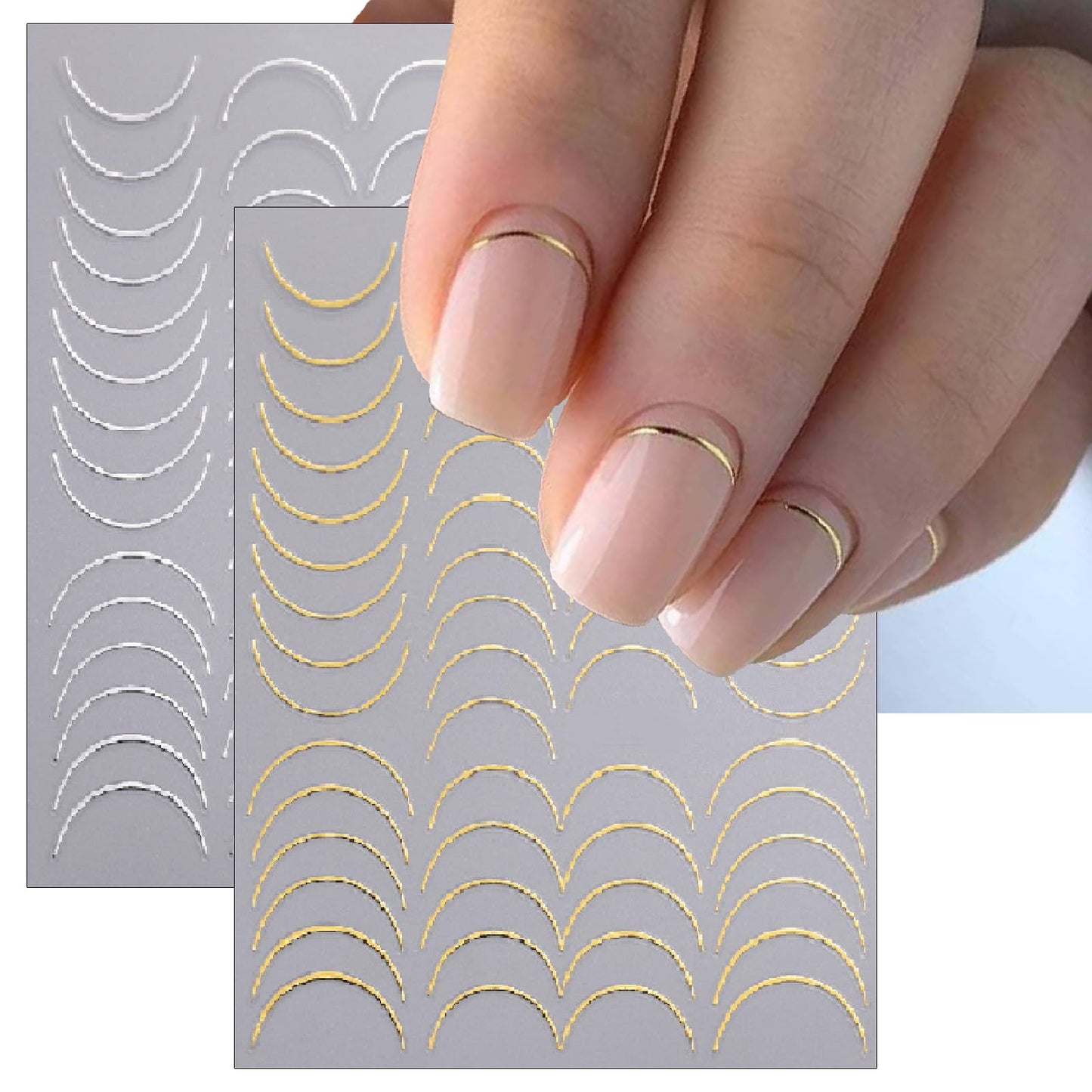 6 Sheets Lines French Tip Nail Art Stickers Gold Silver French Line Nail Decals 3D self-Adhesion Curve Lines Design French Nail Art Supplies for Women DIY Manicure Decoration