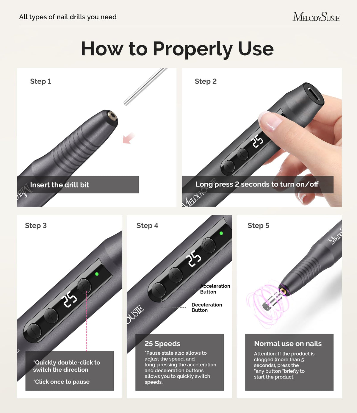 MelodySusie Pen-Shaped Portable Cordless Nail Drill,PC180G 25000RPM Rechargeable Electric File with LED Display for All Nail Care, Manicure Shaping & Acrylic Gel Removal for Nail Artists DIY at Home