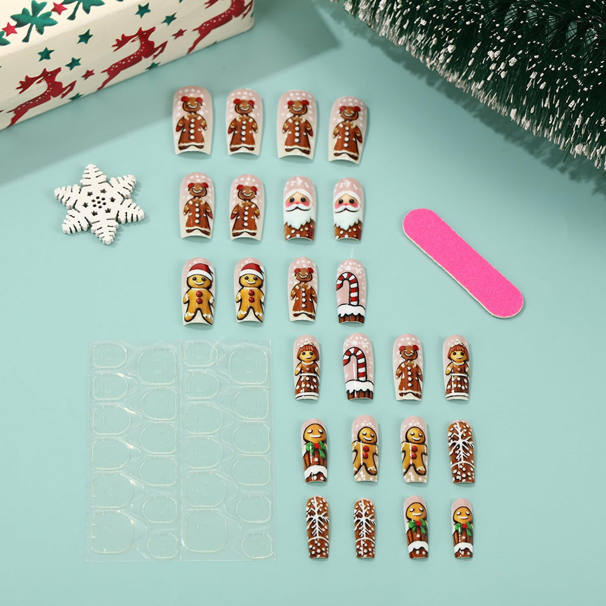 Christmas Press on Nail Long Square Fake Nails Gingerbread Man Santa Claus Snowflakes Polka Dot designs Acrylic Glossy Cute False Nails Brown Holiday Press ones Winter Xmas Manicure for Women 24pcs