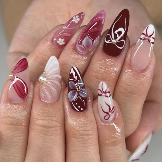 Almond Press On Nails Medium Flower Fake Nails Bow Nails Press Ons With Pearls Designs French Acrylic Nail Spring Summer Glossy Glue On Nails For Women Girls Nail Accessories 24Pcs