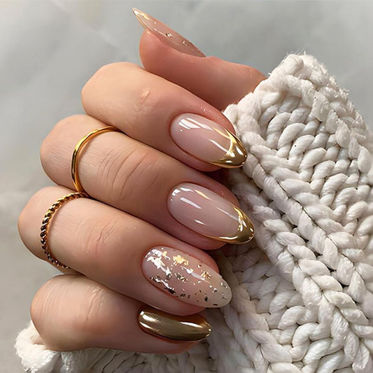 French Tip Press on Nails Medium Almond Gold Foil Glue on Nails Glitter Fake Nails Full Cover Nude Glossy False Nails for Women DIY Manicure Decoration 24PCS Reusable Acrylic Nails