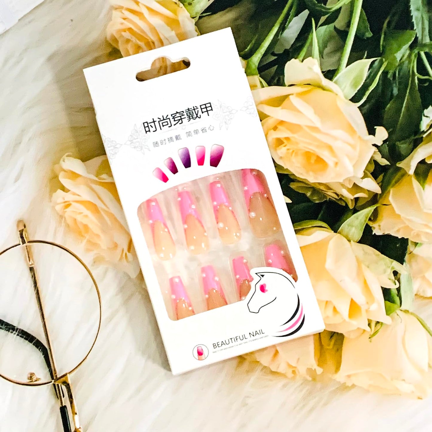 Vezocim Press on Nails Coffin Long French Tips Pink Glossy Full Cover Acrylic Square Fake Nails with Pearl Designs Extra Long Artificial False Nails Glue on Fingernails with Charm for Women Girls