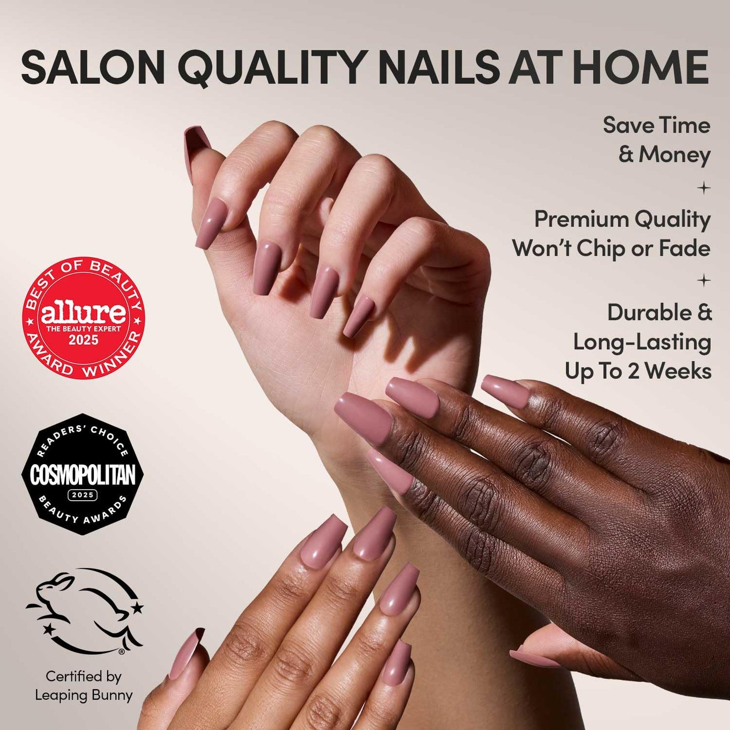Glamnetic Press On Nails - Medium Coffin Fake Nails, Muted Mauve Purple Nails, Mauve Affair | 15 Sizes - 30 Nail Kit with Glue | Gift for Mom