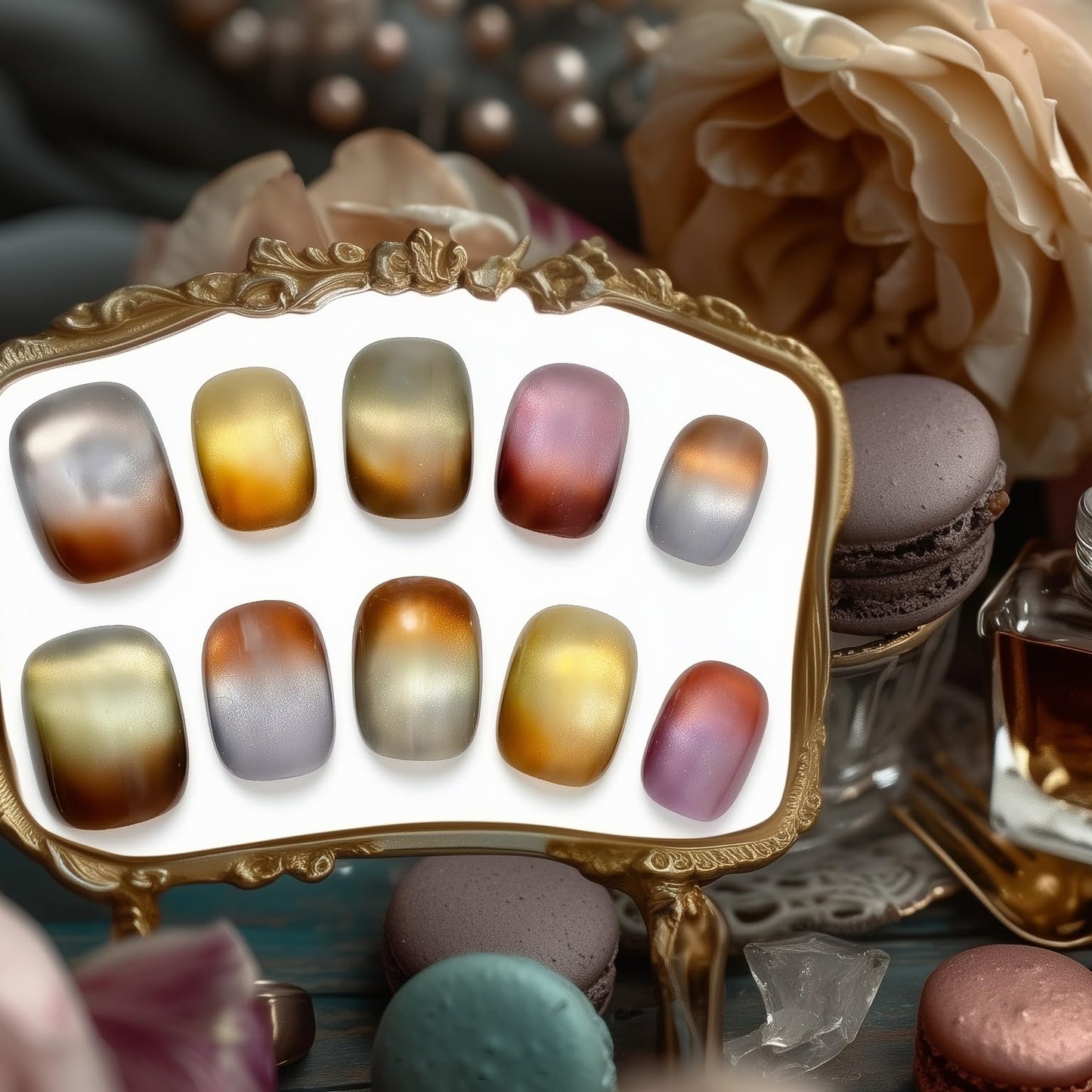Fine Point Velvet Macchiato Press-On Nails, Short Squoval Glassy Velvet Cat Eye Chrome Ombre Handmade Reusable Nails, Color Blended Mauve Gold Silver Brown Metallic Neutral 10 PCS (Size Medium)