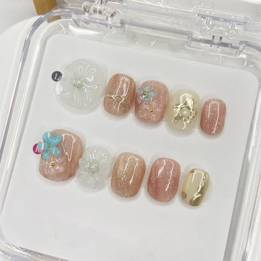 Handmade Press on Nails Flower Press on Nails Silver Sequin Pearl Designs Short Square Shaped Fake Nails Full Cover Artificial Acrylic Nails Sparkly False Nails Women Manicure Kit (Size M)
