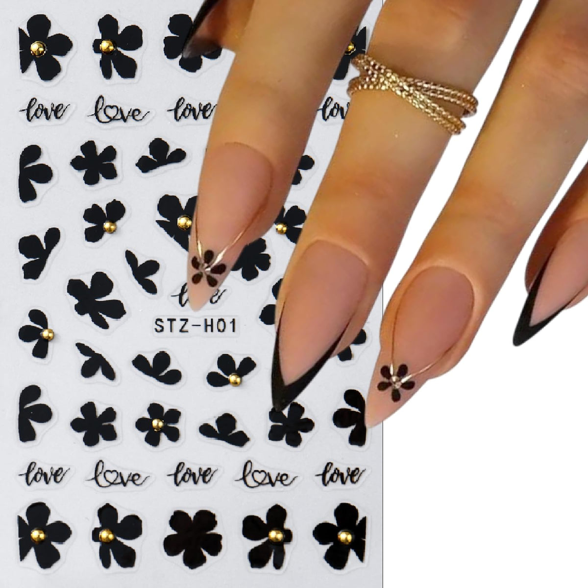 Butterfly Nail Stickers - 5D Rhinestone Butterfly Nail Decals Black Flowers with Gold Pearls Nail Designs Self-Adhesive Nail Art Supplies Women's Nail Art