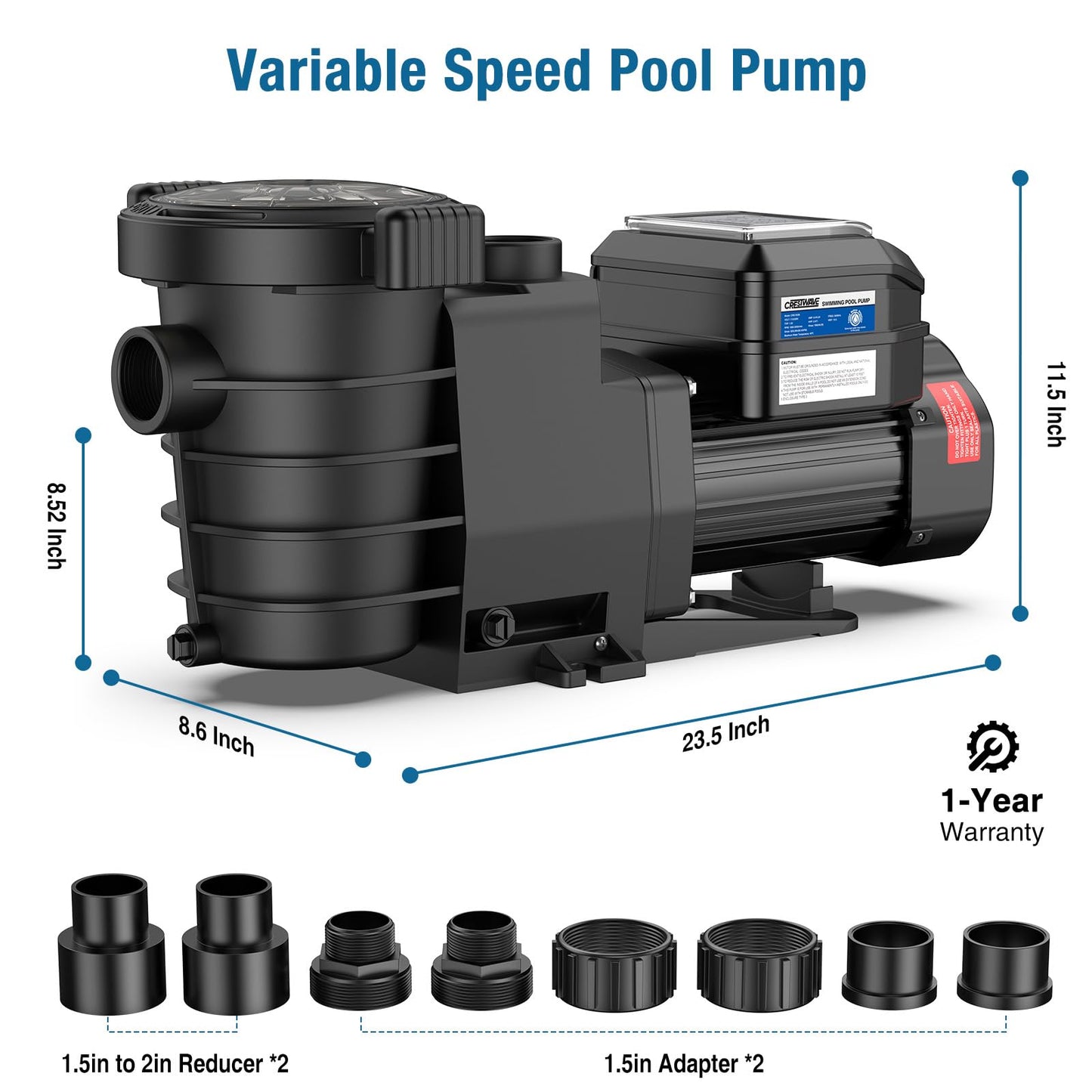 CrestWave Smart Variable Speed Pool Pump 1.5HP, Smart Life APP Control, 38 dB-Quiet, Energy Saving, AC 110V/230V, Built-in Timer, 5070 GPH High Flow, 1.5" & 2" Adapter Pool Pump for In/above Pool