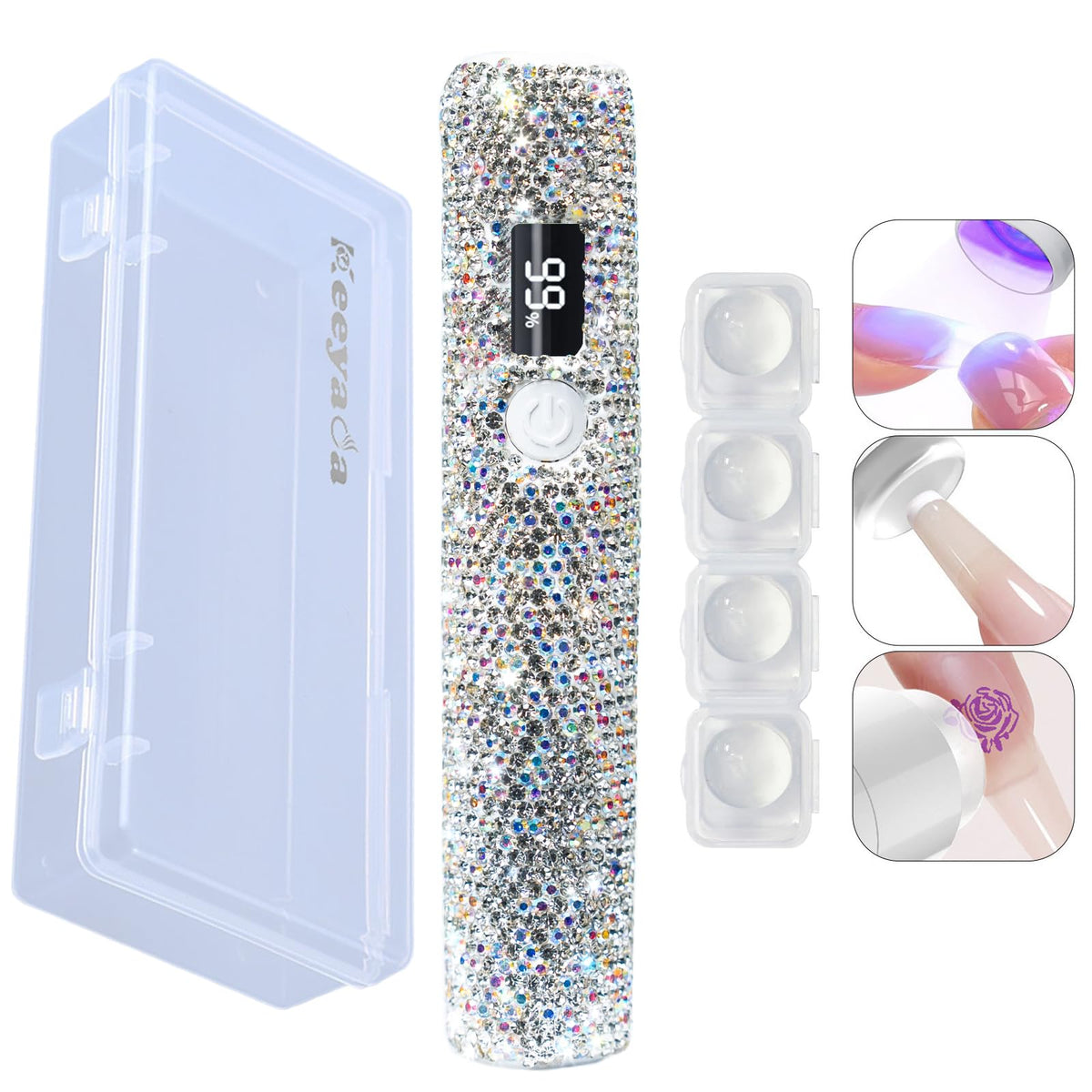 keeyada Handheld UV Light with Sparkly Rhinestones, 3W Portable LED Nail Lamp, Wireless Rechargeable USB Nail Dryer with Silicone Stamper Display Screen for Fast Curing Home DIY Manicure White