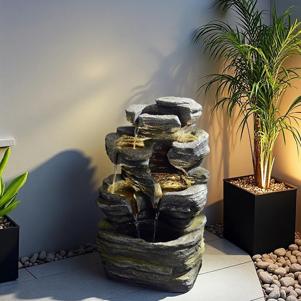 Bumilgar 6-Tier Cascading Rock Water Fountain Outdoor Garden Waterfall Decor for Garden, Patio, Backyard, Deck, Porch and Home Art Decor,24.4" H Outdoor Fountain with Lights