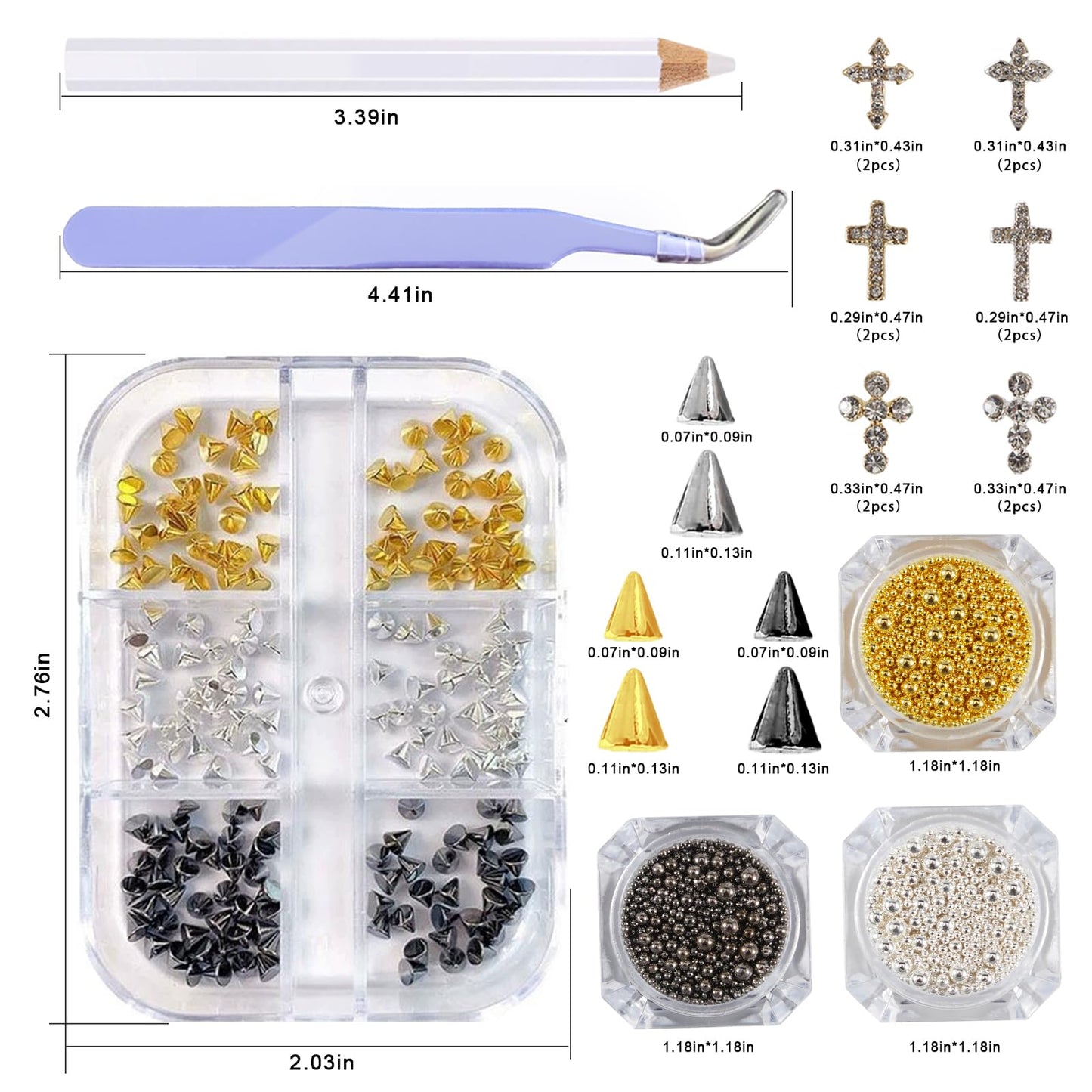 DANNEASY 3D Mini Metllic Punk Nail Art Studs Goth Cross Nail Charms Mixed Sizes Gold Silver Black Cone Spikes Alloy Rivets Jewelry Steel Balls Caviar Beads Jewels for Women Manicure Decorations
