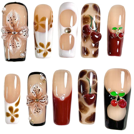 Handmade Press On Nails Square 3D Floral Cherry Blossom Leopard French Fake Nails wtih Design, Reusable Acrylic False Nails Gift Set (Cherry, m)