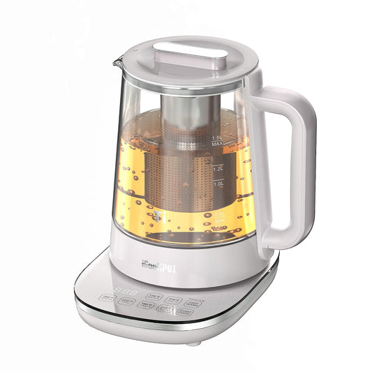 ICOOKPOT Titanium & Stainless Steel Electric Kettle with Tea Infuser and Temperature Control,1.5L Glass Tea Maker,1500W Rapid Boiling,Programmable Control for your Favorite Teas and Coffee-Grey