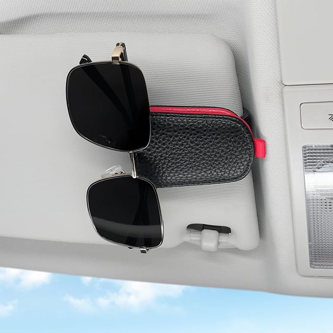 SINGARO Sunglasses Holder for Car, Leather Magnetic Buckle Sun Visor Sunglass Clip, Ticket Card Storage Glasses Clip, Car Interior Accessories for Men and Women（Black-red）