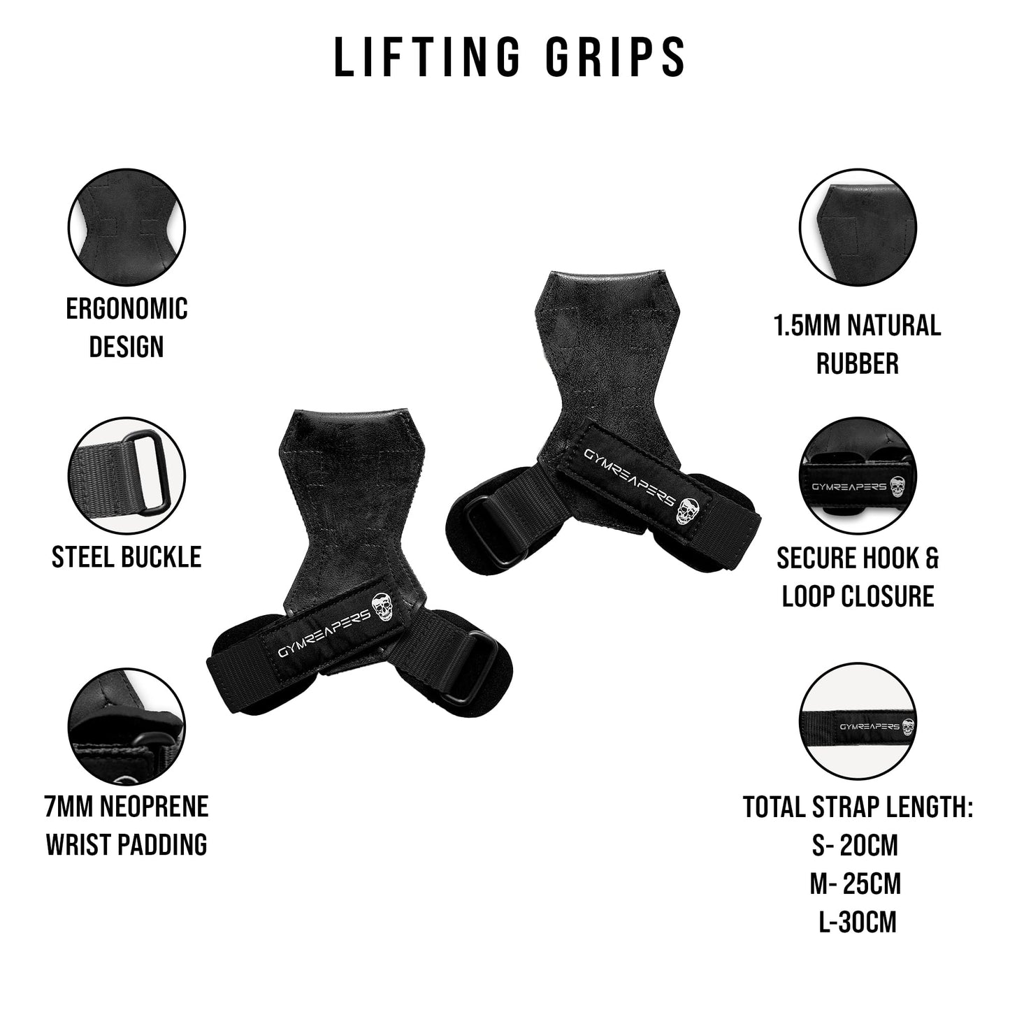 Gymreapers Weight Lifting Grips (Pair) for Heavy Powerlifting, Deadlifts, Rows, Pull Ups, with Neoprene Padded Wrist Wraps Support and Strong Rubber Gloves or Straps for Bodybuilding (Black, Medium)