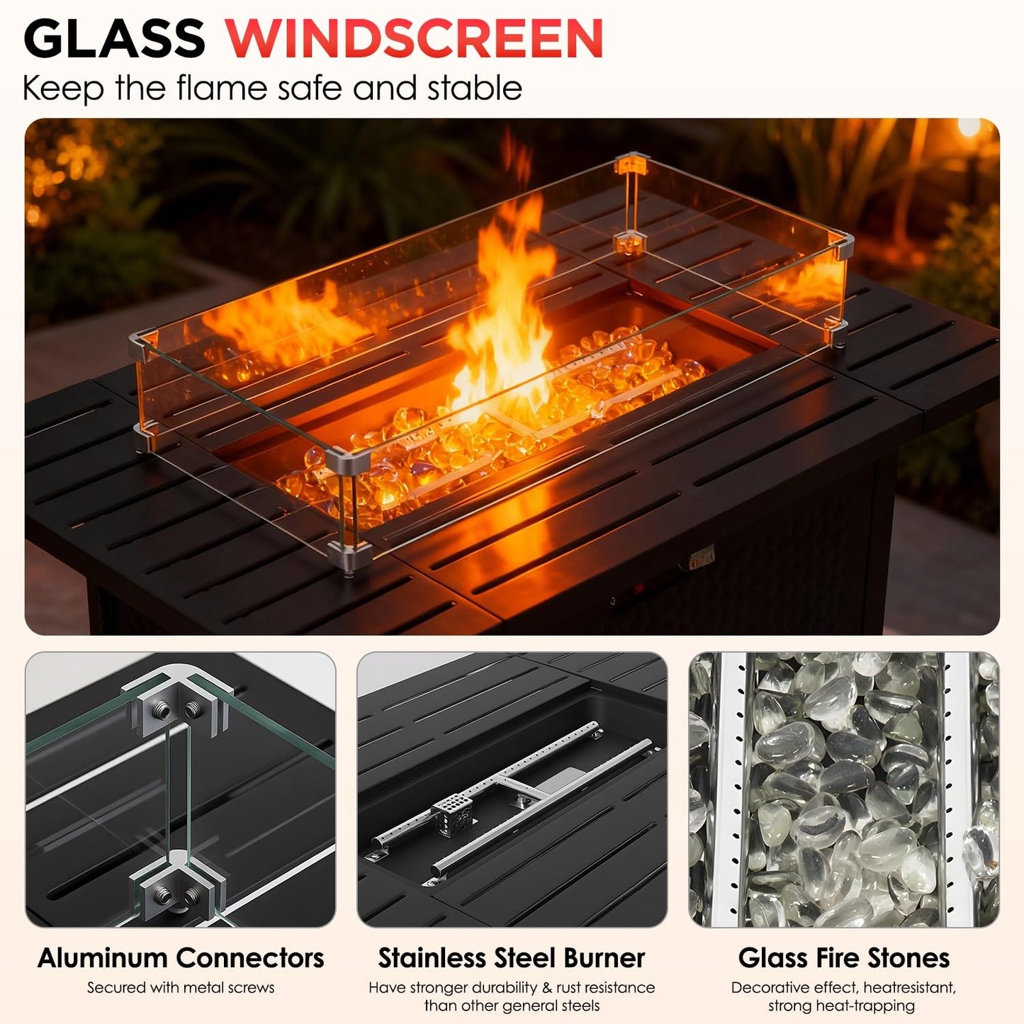 FDW 43 Inch Outdoor Propane Fire Pit Table with Glass Wind Guard, Rectangular Patio Fire Table, 50,000 BTU Smokeless Gas Firepit for Backyard, Garden & Poolside