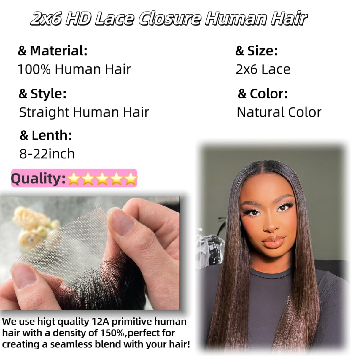 2x6 HD Lace Closure Straight Human Hair 18 Inch 2 by 6 HD Lace Closure 100% Brazilian Virgin Unprocessed Middle Part Human Hair Kim K Closure With Baby Hair Natural Color