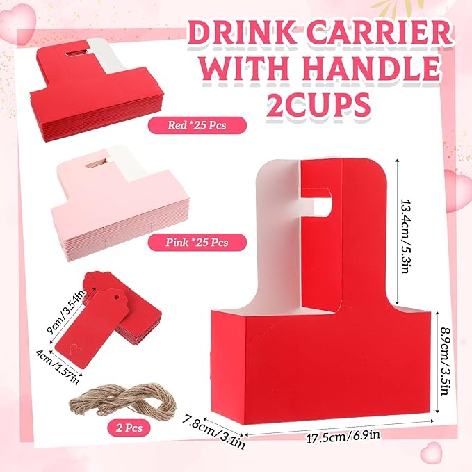 MotiMind 50 Pack Mother's Day 2 Cup Drink Carrier with Handle, Kraft Paperboard Teacher Cup Holder Portable for Hot Cold Drinks, Coffee Carrier Gift with Heart Card Rope (Red,Pink)