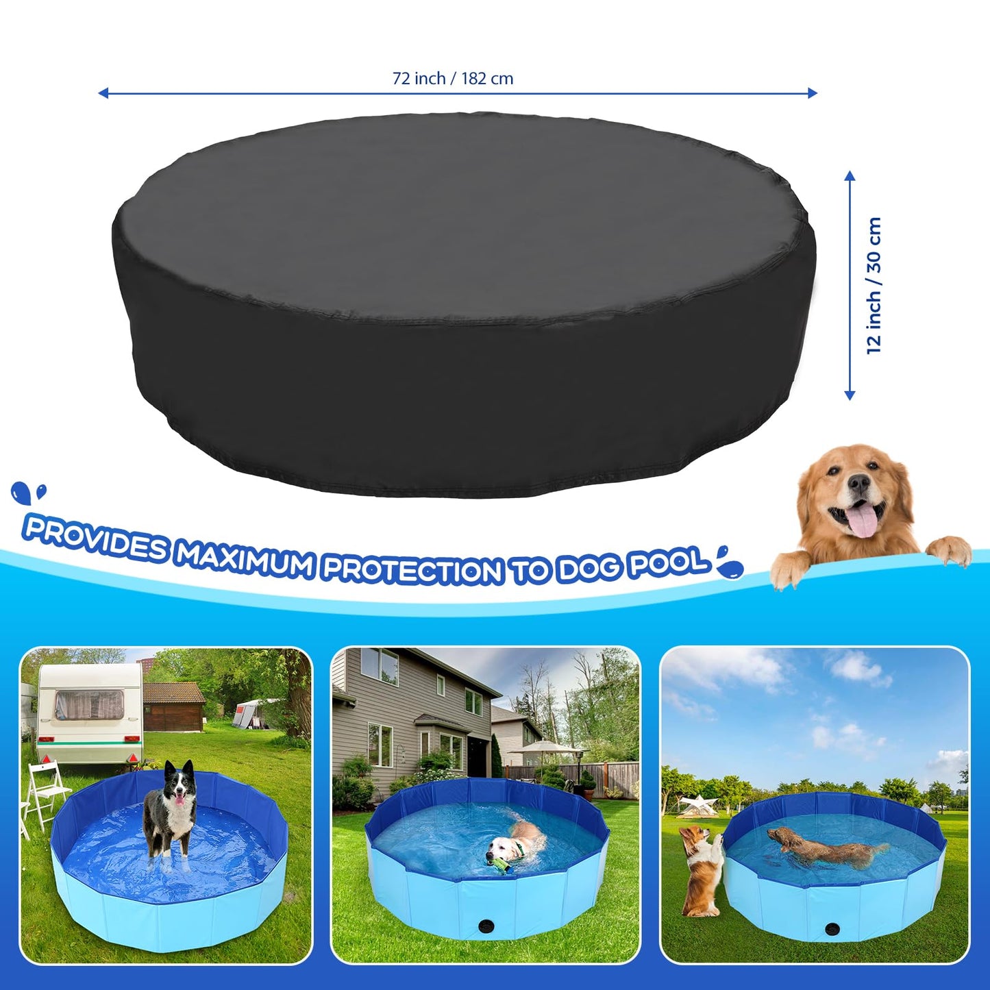 Tufmunb 71-72 inch Dog Pool Cover, Portable Round Collapsible Bathing Tub Kiddie Pool Cover with Oxford Cloth Material and Drawstring Design, Waterproof and Dustproof (Black) - Only Cover