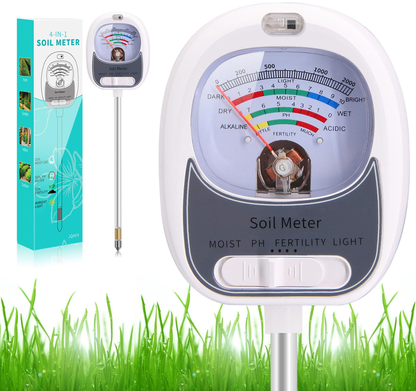 HSLGOVE 4-in-1 Soil Test Kit â Soil Moisture Meter, pH, Fertility & Sun-Light, No Battery Required, Large Dial Soil Tester for Indoor & Outdoor Gardening, Lawn, Farm âPearl White