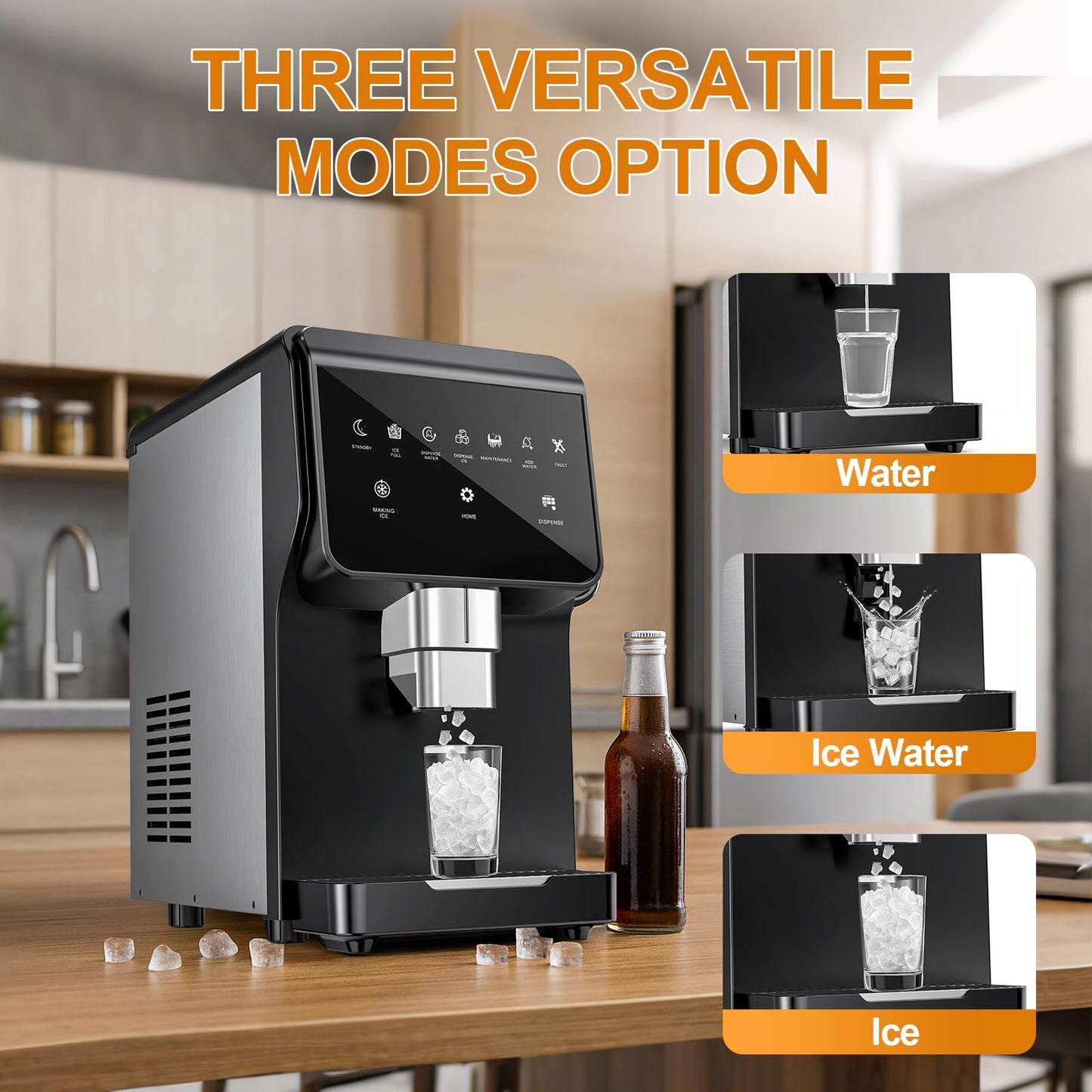 Nugget Ice Maker Countertop, 50LBS/24H, 5LBS Storage, 2-in-1 Ice Maker & Water Dispenser, Soft Chewable Pellet Ice, Stainless Steel, Self-Cleaning for Home Kitchen Office Bar