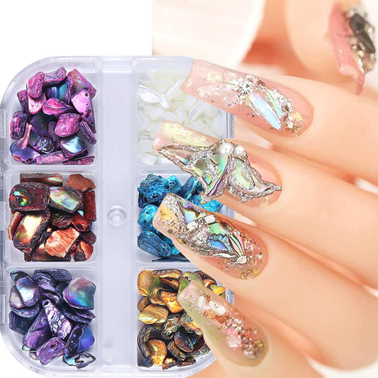 6Grids Colorful Abalone Seashell Stone Nail Art Charms 3D Irregular Shell Stone Nail Charms for Acrylic Nails Abalone Shell Texture Design Nail Art Jewelry for Women DIY Manicure Crafts Decor Supplies
