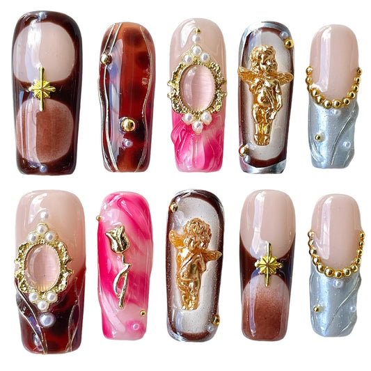 Handmade Press On Nails Vintage Style Gold Angel & Flower Design with Amber Print, Medium/Long Square Shape Acrylic False Nails, Reusable Luxury Retro Nail Art (Cherub, M)