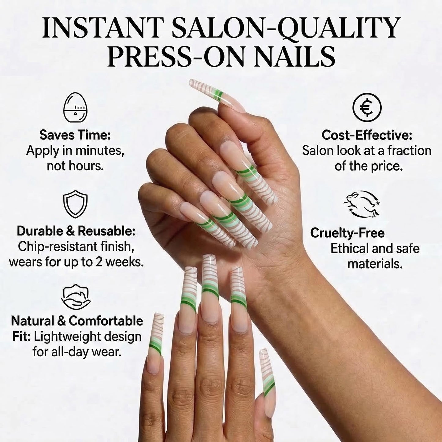 IMSOHOT Long Curved Press on Nails, Green Wavy Square Fake Tips with Glue, 20Pcs Full Cover French Swirl Design, Trendy Geometric Art Acrylic Glue-ons