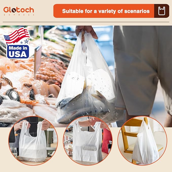 Glotoch 1000 Count-Plastic T-shirt Bags Plain White, 11.5" x 6.5" x 21" Grocery Bags with Handles for Restaurant, Retail, Grocery Store, Takeout, Convenience, Trash, Shopping Bag Small Business