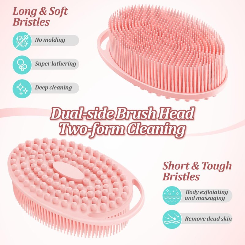 GEENOA Silicone Back Body Face Scrubbers Set 4PCS, 15.35’’ Back Scrubber Soft Body Scrubber for Dual-Side Usage, Easy-to-Hold Soft Bath Glove & Face Scrubber for Good Foaming Deep Cleaning(Pink)