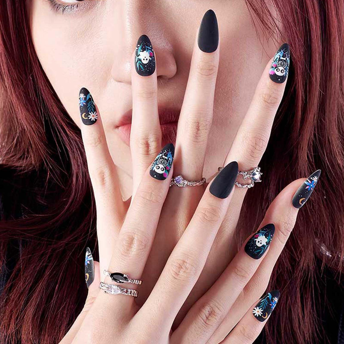 GLAMERMAID Dull Polish Black Press on Nails Medium Almond, Halloween Floral Ghost Gel Glue on Nail, Gothic Short Stiletto Reusable UV Finish Fake Nail, Acrylic Oval False Nails Manicure Kits for Women