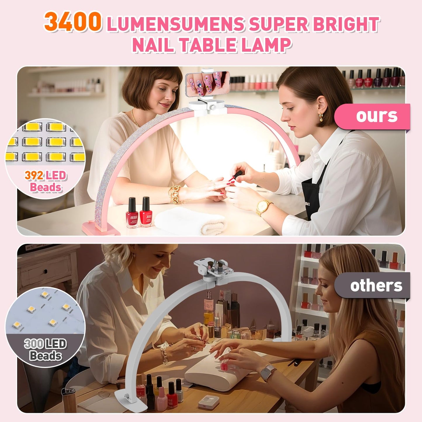 HITTI Super Large 31in Half Moon Light for Nail Desk, Foldable Arch Light for Nail Tech Lamp with Phone Stand, LED Table Lamp for Manicure, Handicraft, Art, Eyelash Extension (Crystal Diamond)-Pink