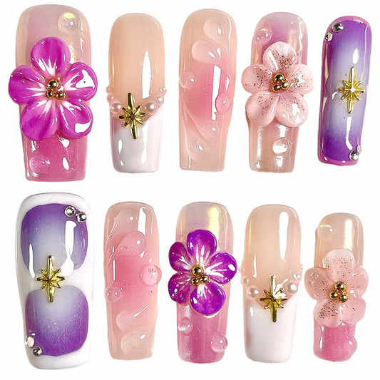 Handmade Press On Nails Medium/Long Square Pink 3D Sakura Design - Reusable French Acrylic Fake Nails with Gold Stars & Pearls, Luxury Cherry Blossom False Nails (Sakura, L)