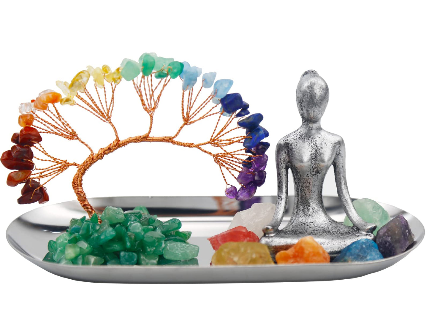 Carselage Meditation Accessories, Zen Spiritual Decor, 7 Chakra Crystal Tree Healing Stones and Yoga Statues, for Living Room, Office, Shelves, Mantle Decor, Birthday Gifts for Women