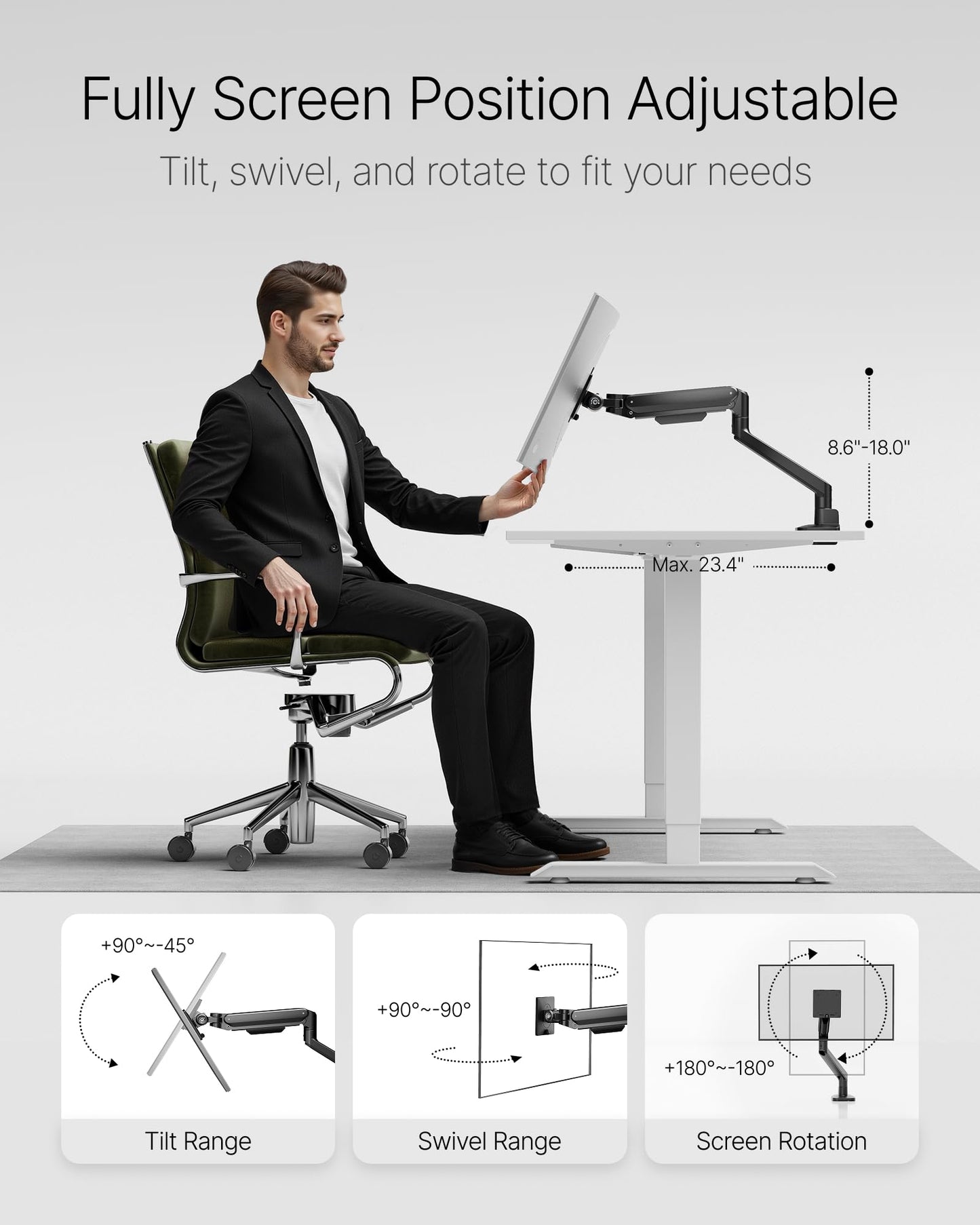 monTEK Deluxe Monitor Arm up to 40 Inch Holds 26.4 lbs Curved Screens Aluminum Fully Motion Adjustable Single Monitor Stand with Clamp/Grommet Desk Mount, Quick Release Plate,75/100mm VESA