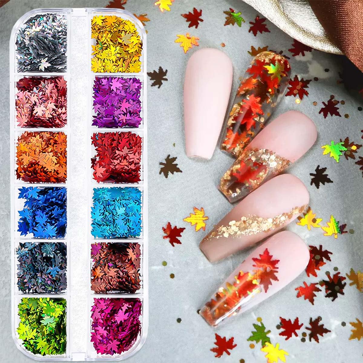 Maple Leaf Nail Sequins 3D Holographic Fall Leaves Glitters Flakes Autumn Nail Art Glitter Sequins Acrylic Nails Supplies Accessories Laser Maple Leaves Flakes for Women DIY Thanksgiving Decoration