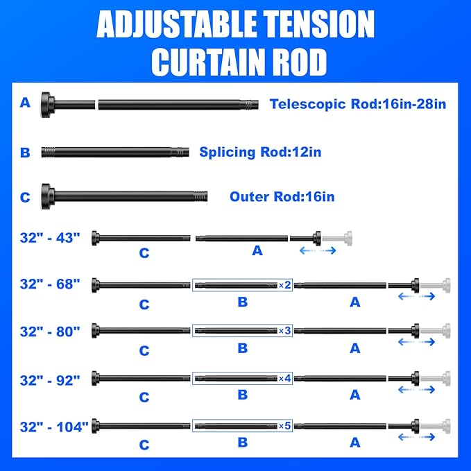 Ausemku Shower Curtain Rod Tension - 32-80 Inch Never Rust Non-Slip Spring Tension Curtain Rod No Drilling Stainless Steel Curtain Rod Use Bathroom Kitchen（Black）