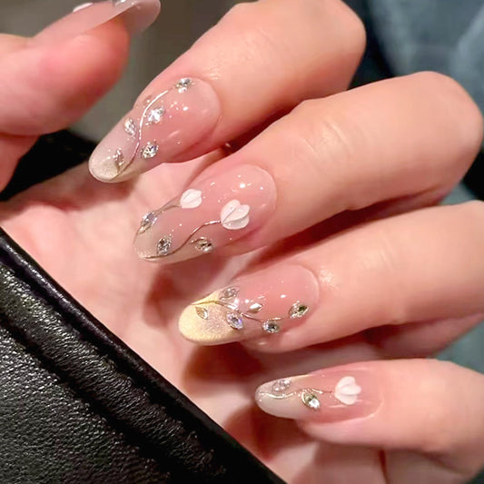 30Pcs Flower Press on Nails Medium Almond Fake Nails with 3D Rhinestone Design Gold Glitter French Tip False Nails Pink Glossy Full Cover Cute Floral Reusable Spring Summer Gel Acrylic Nails for Women