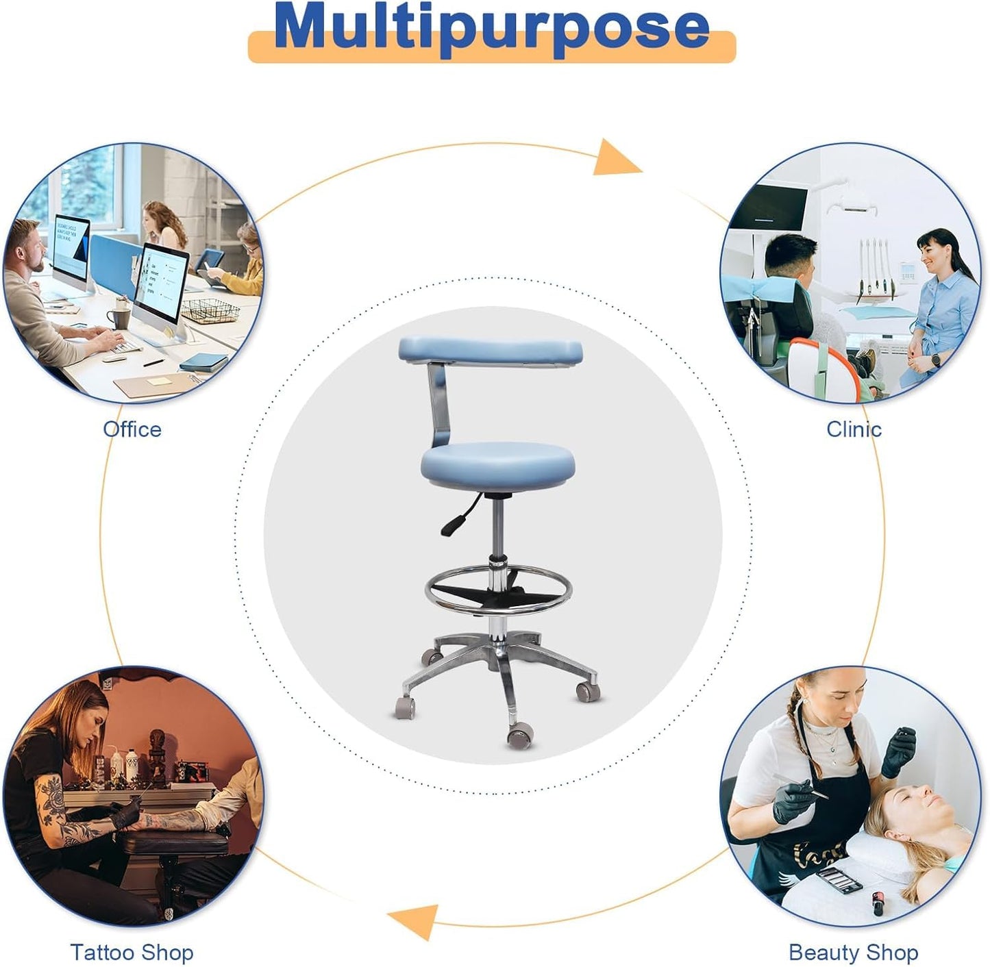 LIMKOMES Rolling Stool with Removable Footrest Lab Salon Chair Height Adjustable 360° Swivel Stool for Dentist with Unique Backrest Design