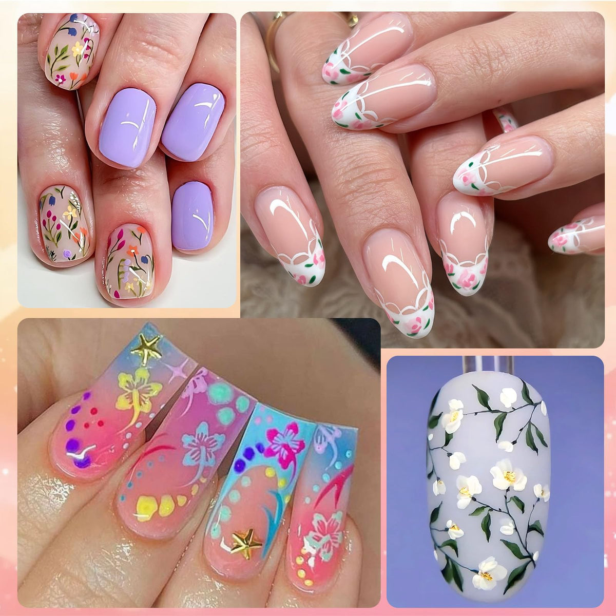 5pcs Flower Nail Stickers With Tweezers, Mini Jasmine Rose Hibiscus Wildflower French Lace Self-Adhesive 3D Floral Nail Decals For Women Girls, Spring Summer Nail Supplies For DIY Manicure Decorations