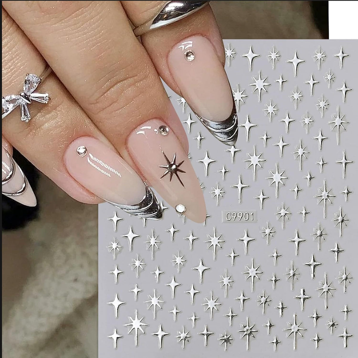 Star Nail Art Sticker 3D Glitter Metallic Laser Starlight Nail Stickers Silver Star Champagne Gold Black Shiny Sparkle Star Nail Tip Foil Adhesive Decals for Woman DIY French Manicure Accessories 6pcs