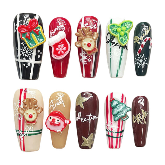 Tesytto Christmas Press on Nails Medium Coffin Colorful Fake Nails with Cute 3D Elk Santa Claus Xmas Trees Candy Canes Design Winter Handmade Acrylic Nails for New Year (Holiday Gifts,S)