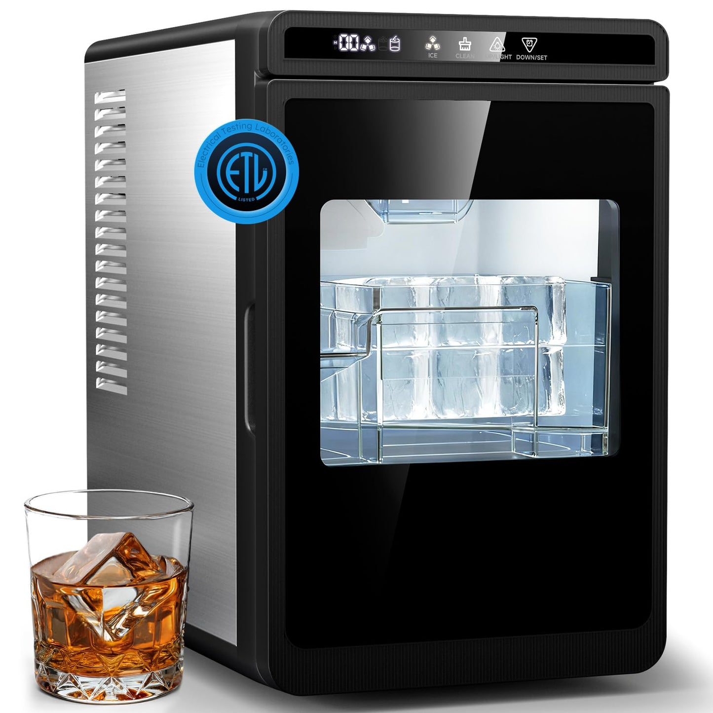 1.6'' Clear Ice Square Maker Machine,200 PCS/Day,Ice Cube Maker with Automatic Cleaning,Crystal-Clear & Slow-Melting Ice Spheres for Cocktails & Whiskey